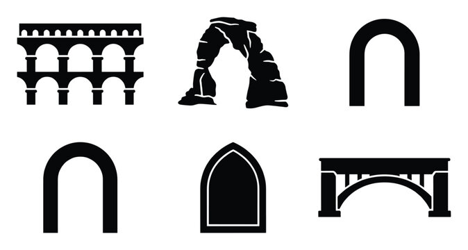 Various arch and bridge types as black silhouette icons for architecture and construction projects