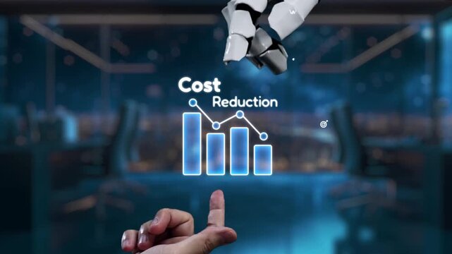 A futuristic robot arm presents a digital concept of cost reduction with graphs and icons, symbolizing innovation and efficiency in modern business environments. Auvana