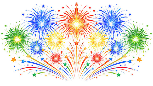 Colorful firework display multiple explosions as PNG element isolated on transparent background