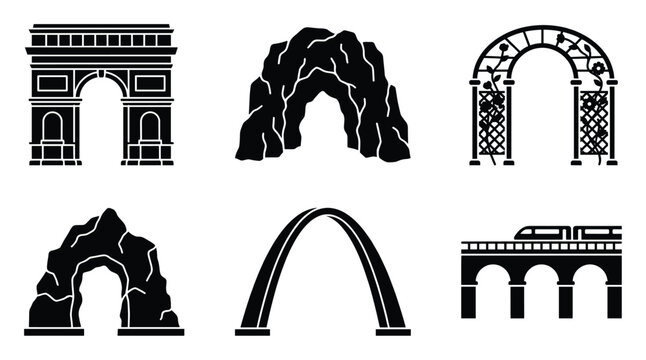 Diverse arch structures depicting classical architecture, natural rock formations, and modern bridges perfect for graphic design resources and symbols.
