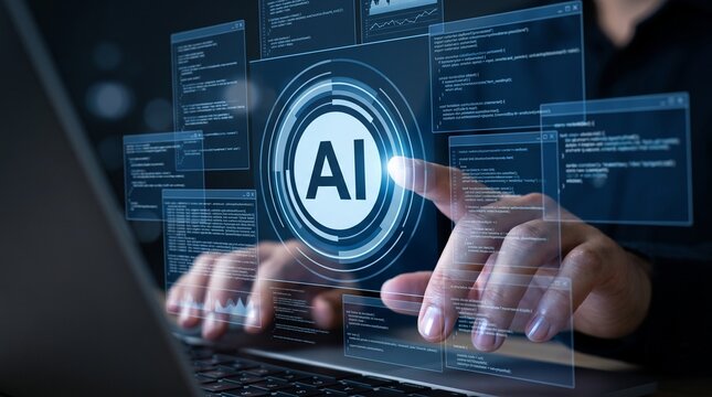 Programmer hand touching virtual screen with AI artificial intelligence icon and coding script for software development and automation technology process in dark room