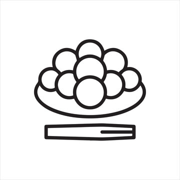 Warabi mochi on plate with fork outline icon. Japanese bracken starch jelly balls. Line vector illustration isolated on white