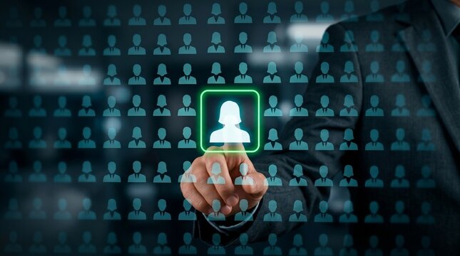 Recruitment and human resources concept. Hand touching digital screen to select female candidate from employee icons. Talent acquisition, leadership search and professional hiring process.