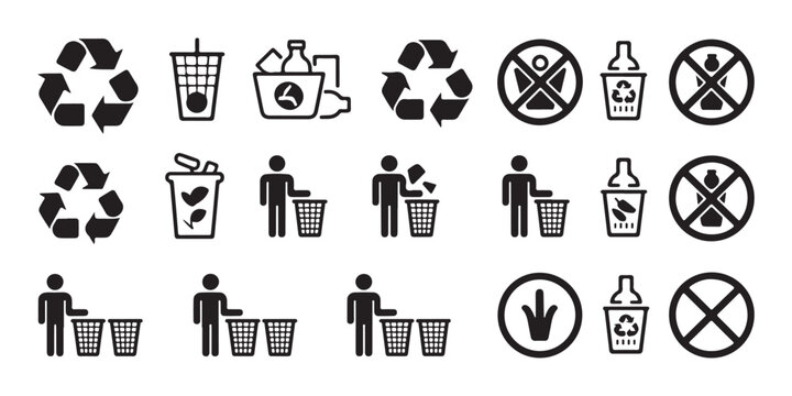 Recycle symbol collection with waste bin icons set black line art on transparent background for ecology design.