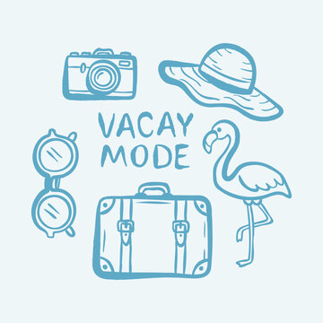 Hand drawn travel doodle mini set with suitcase, camera, sunglasses, hat and flamingo. Summer vacation illustration in minimal outline style with vacay mode lettering.