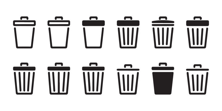 Trash bin icons collection with various basket designs for waste disposal and garbage management user interface.
