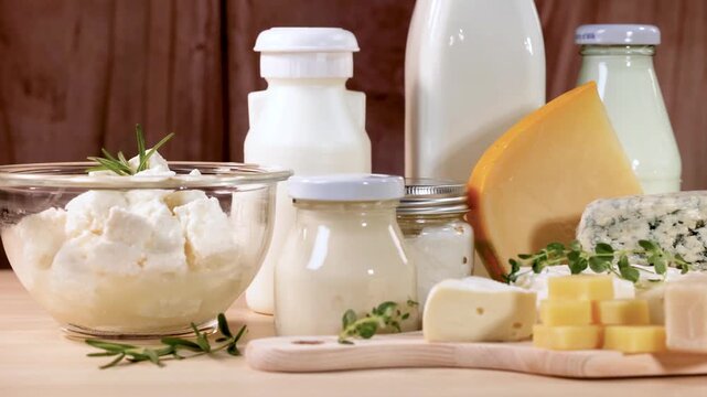Assortment of fresh dairy products and cheeses on wooden surface with herbs in motion.
