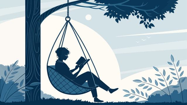 Person sitting on a hanging chair reading a book under a tree