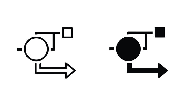 Flowchart process icon featuring circle and square nodes with directional arrow in outline and solid black styles for technical diagrams