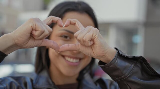 Young hispanic woman forming heart shape with hands and smiling while wearing leather jacket on an urban street; playful affection.