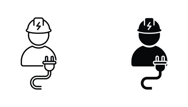 Electrical engineer worker icon with helmet and plug in outline and solid black styles for construction and industrial power services