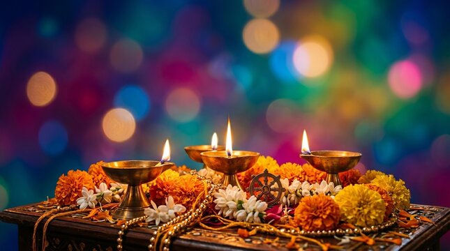 Traditional Indian brass oil lamps with orange marigold flowers and Dharma wheel for religious festivals Diwali and Buddha Purnima