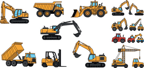 Collection of construction vehicles including excavators dump trucks forklifts and cranes isolated vector illustration set © MdYeasin