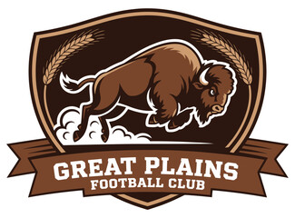Great Plains Football Club vector logo featuring powerful bison emblem with tribal feather accents and dynamic sporty ribbon for athletic branding identity design. © MASUD MONY