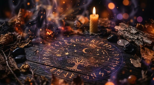 Ancient wooden table with glowing runes and tree of life symbol. Mystical ritual background with candle, stones and smoke for Halloween and esoteric themes.