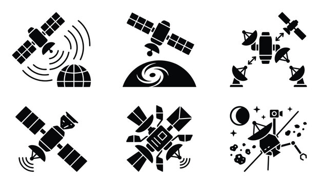Satellite communication and exploration icons for technology, science, and educational media.