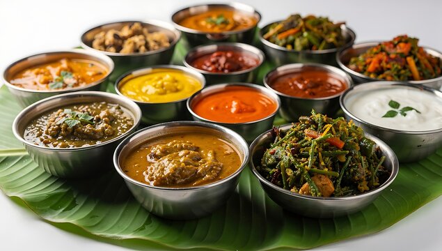vibrant onam sadya feast with traditional kerala curries and dishes on banana leaf for celebration
