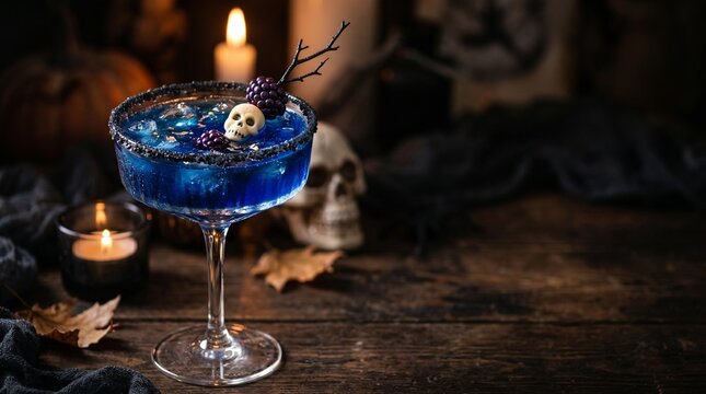 Mysterious blue martini cocktail with skull and blackberry garnish on dark wooden table with candles and autumn leaves for halloween party drinks and beverage marketing