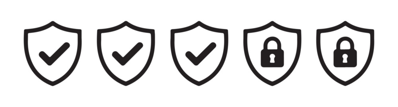 Set of five shield icons with check marks and closed padlocks, representing security and protection.