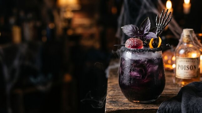 Spooky purple Halloween cocktail in stemless glass with brain garnish and skeleton hand, mysterious drink with smoke and poison bottle for gothic party celebration background