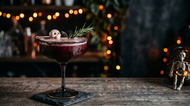 Gourmet Halloween dark berry cocktail with foam and skull garnish on wooden table. Spooky holiday drink for elegant party and mystical celebration with blurred bokeh lights background.