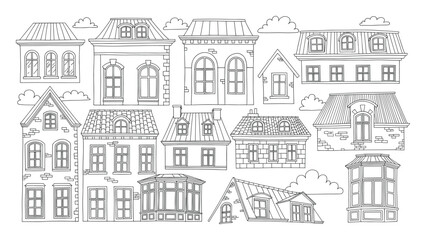 Naklejka premium Hand drawn outline houses, building facades, and roofs for residential architectural designs