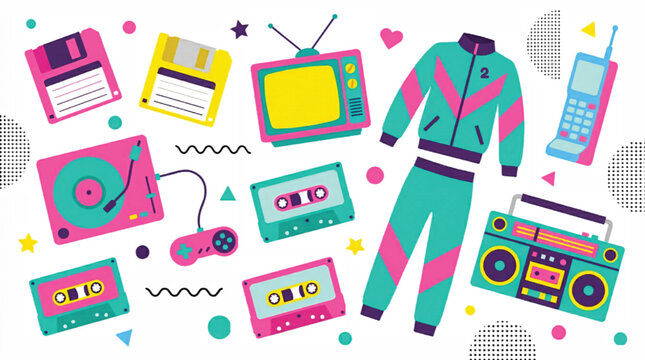 Retro 90s nostalgia vector elements, vintage pop culture icons set, colorful nineties fashion and technology stickers, aesthetic vaporwave flat design