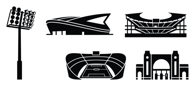 Diverse sporting venue structures including floodlight and stadium buildings for championship graphics