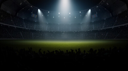 Fototapeta na wymiar Soccer stadium at night with cheerful atmosphere. An imaginary stadium is modelled and rendered. 