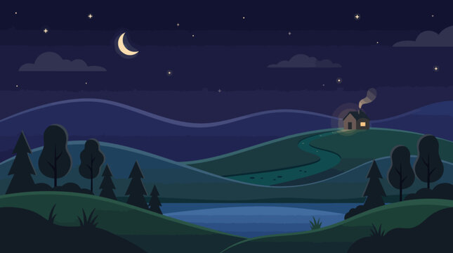 Flat vector illustration of a peaceful rural landscape with lake and a small house at night