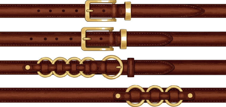Collection of stylish brown leather belts with golden buckles isolated fashion accessory vector illustration set