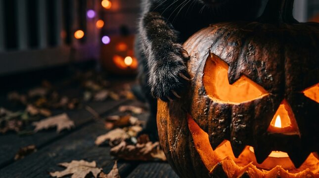 Black cat paw with sharp claws touching glowing carved Halloween pumpkin jack-o-lantern on wooden porch at night, spooky domestic pet during holiday celebration with bokeh lights