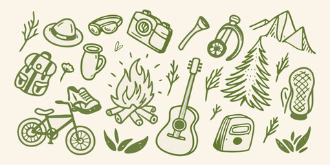 Camping and outdoor adventure illustration with guitar campfire and hiking gear high quality professional detailed © Bebdas