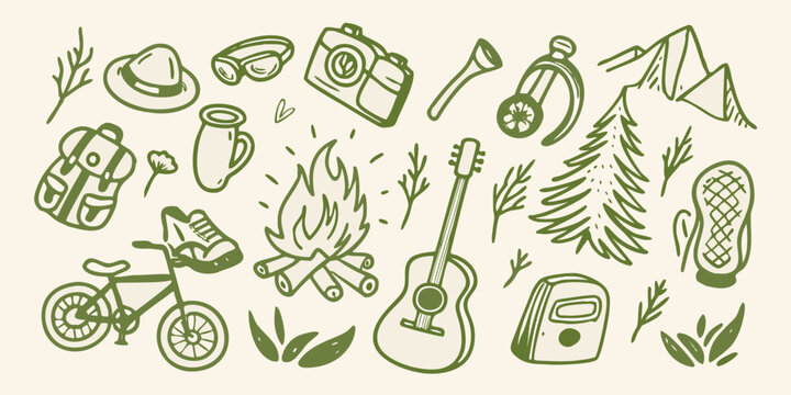 Camping and outdoor adventure illustration with guitar campfire and hiking gear high quality professional detailed