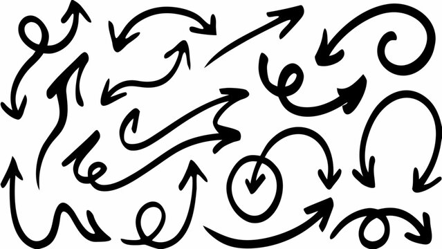 Hand drawn artistic curly arrow vector set on white background for design and direction concepts