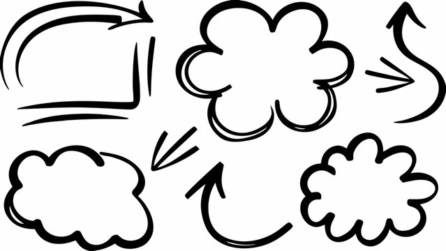 Hand drawn arrow vector set for callout and highlight black and white illustration with cloud and arrow graphics