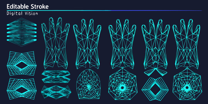 3d wireframe models of hands and geometric shapes glowing cyan on dark background high quality