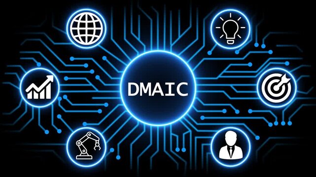 11dmaic 111 concept with circuit lines and digital symbols hovering above a businessman, technology. manufacturing process management all connected in a digital circle like pattern.