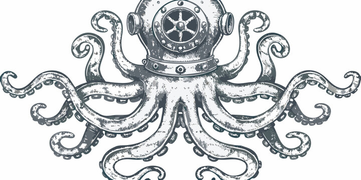 Octopus wearing a vintage diving helmet detailed sketch illustration on a white background high quality