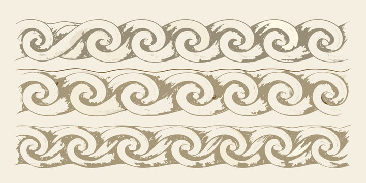 Continuous hand drawn waves repeating pattern decorative beige and brown lines on white background