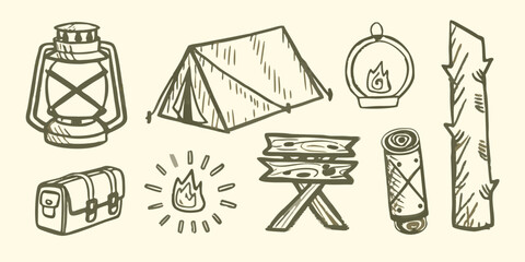 Hand drawn camping elements set including lantern tent campfire and signpost sketch high quality professional © Bebdas