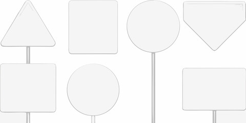Blank road signs in various shapes with poles on a white background high quality professional © Bebdas