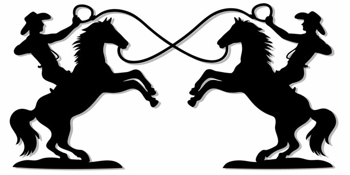 Cowboy on rearing horse silhouette with lasso symmetrical design on white background high quality professional