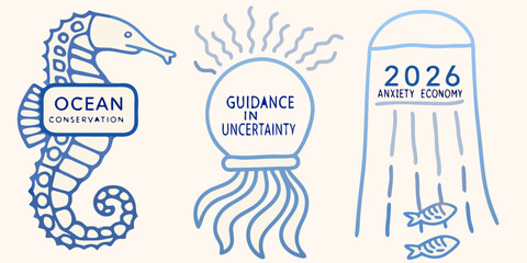 Line art illustrations of seahorse jellyfish and cylindrical shape with text on a beige background © Bebdas
