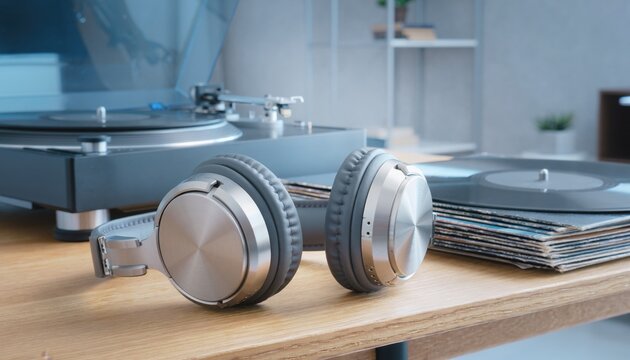 Silver and grey over-ear headphones resting on a light wood surface alongside a turntable and a stack of vinyl record albums in a minimalist, brightly lit room interior.