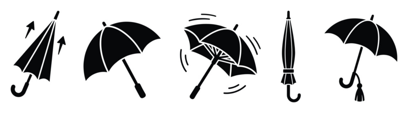 Umbrellas set of icons showing various conditions including open, closed, and windy weather.