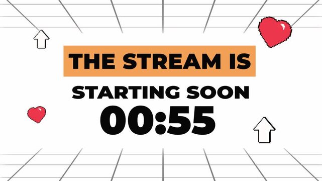 1 minutes countdown, stream is starting soon screen, with arrow and heart pixel on modern grid background. for online broadcast
