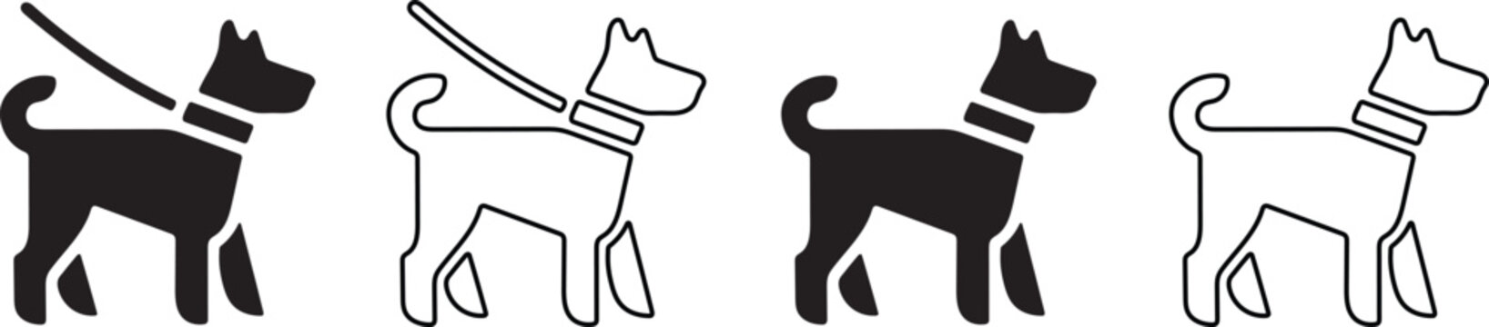 Dog Walking Icon Set Vector, Pet on Leash Silhouette and Outline Collection, Minimal Animal Symbol Design
