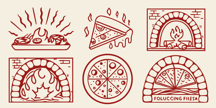 Line art illustrations of pizza cheese pull and traditional brick oven with steam high quality