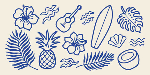 Tropical summer elements collection blue line art illustration on a beige background high quality professional © Bebdas